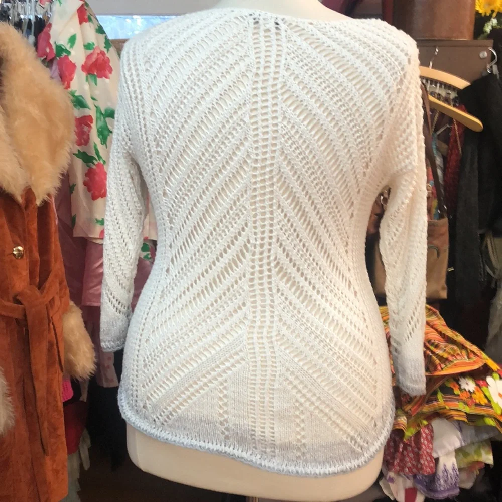 Coldwater Creek- crocheted cotton blend sweater - white w/grey ombre trim